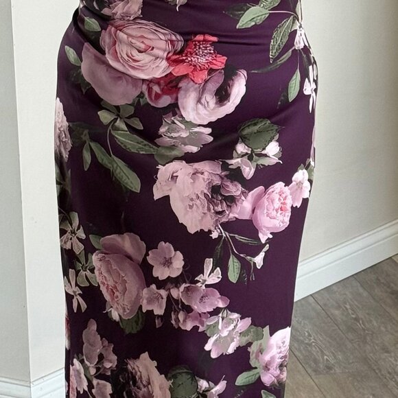 Xscape Womens Ruffled Long Evening Dress Sz 14 / Purple w pink floral design - Picture 2 of 7